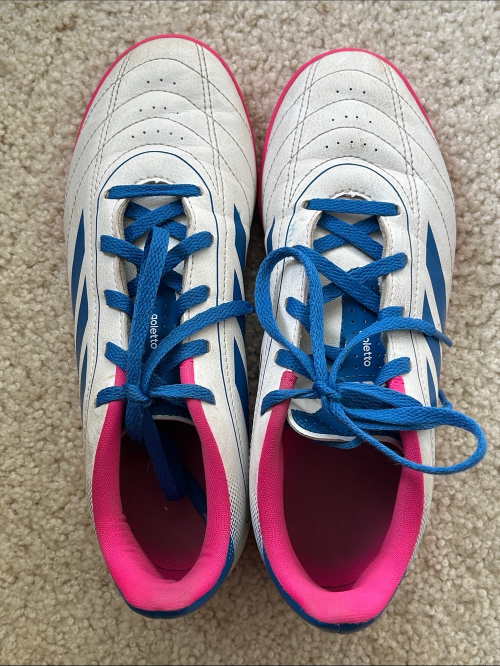 adidas White Cleats with Blue Laces and Pink Trim - Kids